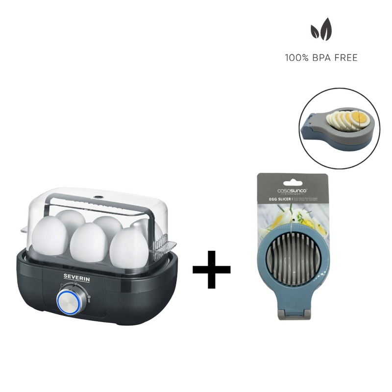 Hervidor de huevos negro con perilla + Cortador de huevos multiusos